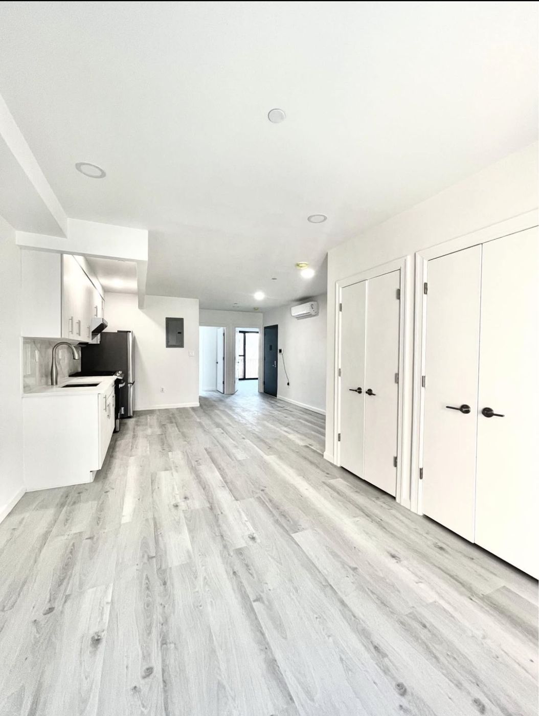 Open living area with white kitchen, double entry closets, and light oak floors
